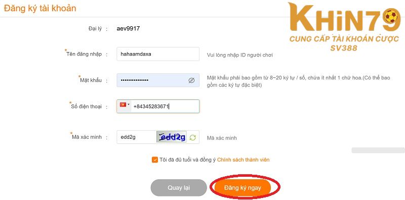 Xác nhận “Đăng ký” để tạo tài khoản Khin79 thành công